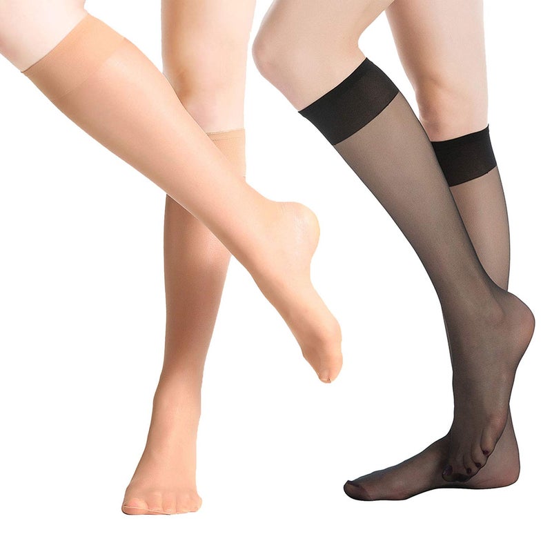 MANZI 12 Pairs Knee High Stockings Sheer Pantyhose for Women Natural with Black - Image 3